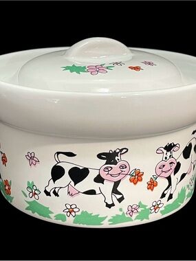 Vintage 1990s Ceramic Cow Farmhouse Ceramic Covered Dish Playful Cows and Flower